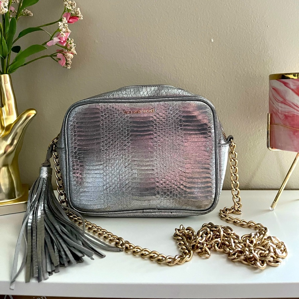 Victoria’s Secret gold chain, silver purse, crossbody